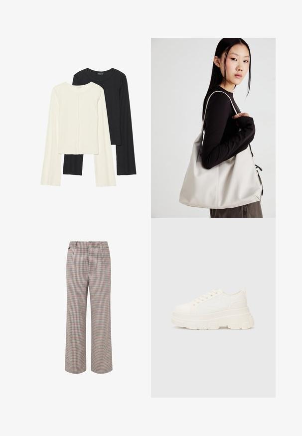 Souprava dvou dlouhých rukávů v bílé a černé barvě. Hladká textura, kulatý výstřih, upnutý střih s mírně rozšířenými rukávy.; Kostkované kalhoty v béžové, červené a námořnické modři. Design s širokými nohavicemi, tvarovým pasem a záhyby, s texturovaným povrchem látky.; Bílé plátěné tenisky s robustní podrážkou, zaoblenou špičkou a pěti otvory pro tkaničky. Zádový pásek pro snadné obouvání. Hladký povrch, minimalistický design.; Beige kabelka vyrobená z měkkého materiálu, s volným designem, prošívanými detaily a dvěma ramenními popruhy. Vhodná pro každodenní použití.