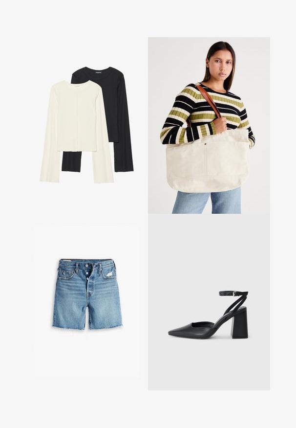 Divu garo piedurkņu tops komplekts baltā un melnā krāsā. Ribota tekstūra, apaļš kakls, pieguļoša dizaina ar nedaudz izplestām piedurknēm.; Gai zila džinsa šortos ar saplēstu apakšmalu, pogu aizdari un piecu kabatu dizainu. Priekšpusē ir nelielas nolietojuma pazīmes.; Melna ādas augstpapēžu kurpe ar norakstīto purngala formu, potītes siksniņu un masīlu papēdi. Gluda tekstūra, elegants dizains un minimālisma estētika.; Liels bežs kanvas iepirkumu maisiņš ar brūnu ādas siksnām, kas piedāvā minimālistisku dizainu un redzamās šuves akcentus.