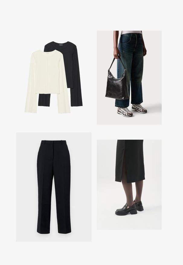 Két darabból álló hosszú ujjú felsők szettje fehér és fekete színben. Bordás textúra, kerek nyakkivágás, testhez simuló fazon, enyhén bővülő ujjakkal.; Fekete nadrág egyenes szabással, sima anyagból, redőzéssel, övhurkokkal és oldalsó zsebekkel. Formális viselethez alkalmas.; Fekete bőr cipők lekerekített orral, vastag blokk sarkakkal és elasztikus oldalsó díszítésekkel, sötét harisnyával és hasítékkal ellátott fekete szoknyával párosítva.; Fekete bőr válltáska sima textúrával és állítható pánttal, melyet elnyűtt, bő szárú farmernadrággal és sportcipőkkel párosítottak.