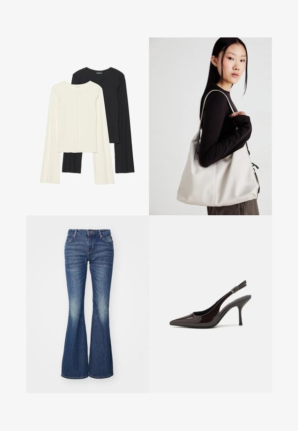 Set van twee longsleeve tops in wit en zwart. Geribbelde textuur, ronde hals, aansluitend ontwerp met licht uitlopende mouwen.; Uitlopende blauwe spijkerbroek van denim met een lichte wassing, voorzien van klassieke zakken en een enkele knoopsluiting.; Slingback hoge hak schoen in glanzend donkerbruin patentleer, puntige neus, open zijkanten en verstelbare enkelband.; Beige handtas gemaakt van zacht materiaal, met een slonzig ontwerp, gestikte details en twee schouderbanden. Geschikt voor dagelijks gebruik.