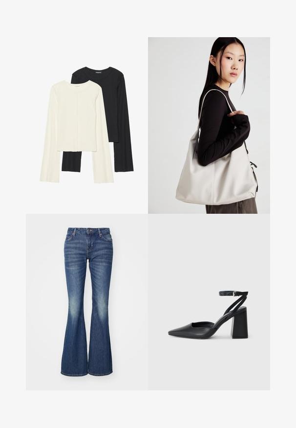 Dviejų ilgomis rankovėmis marškinėlių rinkinys, baltas ir juodas. Raukšlėta tekstūra, apvalus kaklas, prigludusi forma su šiek tiek platėjančiomis rankovėmis.; Mėlyni džinsai su išsiplėtusiais kojomis, pagaminti iš džinsinio audinio su šviesiu plovimo efektu, turintys klasikines kišenes ir vieną sagą.; Juoda odinė smailiagalė aukštakulnio bateliai su kulkšnies dirželiu ir storu kulnu. Lygus paviršius, elegantiškas dizainas ir minimalistiška estetinė. ; Bežinė rankinė, pagaminta iš minkštos medžiagos, turinti laisvą dizainą, siuvinėtas detalės ir dvi petnešos. Tinkama kasdieniam naudojimui.