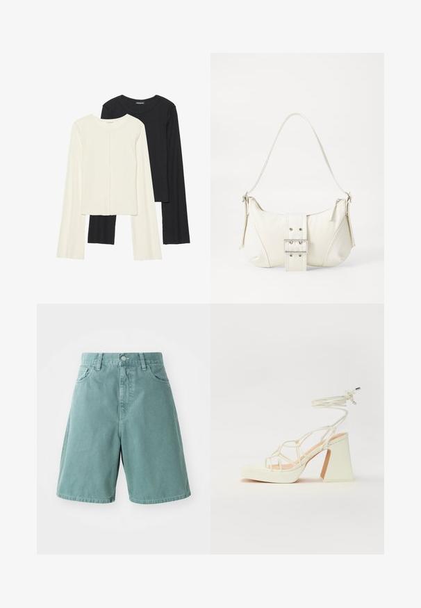 Divu garo piedurkņu tops komplekts baltā un melnā krāsā. Ribota tekstūra, apaļš kakls, pieguļoša dizaina ar nedaudz izplestām piedurknēm.; Zaļi kokvilnas denima šorti ar augstu jostasvietu, piecu kabatu dizains un pogu aizdare, izstrādāti ar brīvu piegriezumu un gludu tekstūru.; Baltas augstpapēžu sandales ar masīvu papēdi, ar siksnu dizainu un potītes saistītiem elementiem. Gluda tekstūra ar platformu priekšpusē, lai nodrošinātu papildu augstumu.; Balts plecu soma ar teksturētu apdari, centrālu sprādzi un izliekta forma. Ražota ar rāvējslēdzēja aizdares abās pusēs.