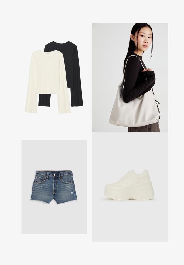 Conjunto de dos camisetas de manga larga en blanco y negro. Textura acanalada, cuello redondo, diseño ajustado con mangas ligeramente acampanadas.; Pantalones cortos de mezclilla en azul desgastado. Con cuatro bolsillos, dobladillo deshilachado y remaches de cobre. Textura suave con un leve detalle desgastado.; Zapatillas de plataforma blancas con un upper suave similar al cuero, forma redondeada, cuello acolchado y suela de goma texturizada con surcos definidos.; Bolso de mano beige hecho de material suave, con un diseño holgado, detalles cosidos y dos asas. Adecuado para uso diario.