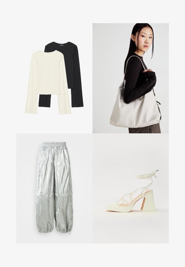 Két darabból álló hosszú ujjú felsők szettje fehér és fekete színben. Bordás textúra, kerek nyakkivágás, testhez simuló fazon, enyhén bővülő ujjakkal.; Ezüst, könnyű cargo nadrág fényes felülettel, rugalmas derékpánttal, ráncolt mandzsettával és két nagy elülső zsebbel.; Fehér, magassarkú szandál vastag sarokkal, pántos dizájnnal és bokapánttal. Sima textúra, elülső platformmal a megnövelt magasság érdekében.; Puha anyagból készült bézs kézitáska, laza dizájnnal, varrott részletekkel és két vállpánttal. Mindennapi használatra alkalmas.
