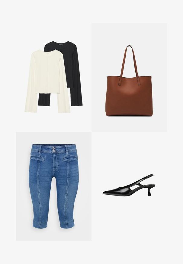 Nabor dveh dolgih rokavov v beli in črni barvi. Žameten vzorec, okrogla ovratnica, prilegajoča zasnova z rahlo razširjenimi rokavi.; Modre denim capri hlače s prilegajočim krojem, dvema sprednjima žepoma in manšetnim robom. Tkanina ima gladko teksturo z rahlim zbledeljem.; Črne patentični usnjeni salonarji s slingback designom, z zašiljenim nosom, izrezanim stranskim dizajnom in majhnim kvadratnim peto. Gladka tekstura z minimalnimi detajli.; Rjava usnjena torba z gladko teksturo, odprto zasnovo zgoraj in dvema naramnima trakovoma. Opremljena je z minimalnim šivanjem in brez vidnih kovinskih delov.