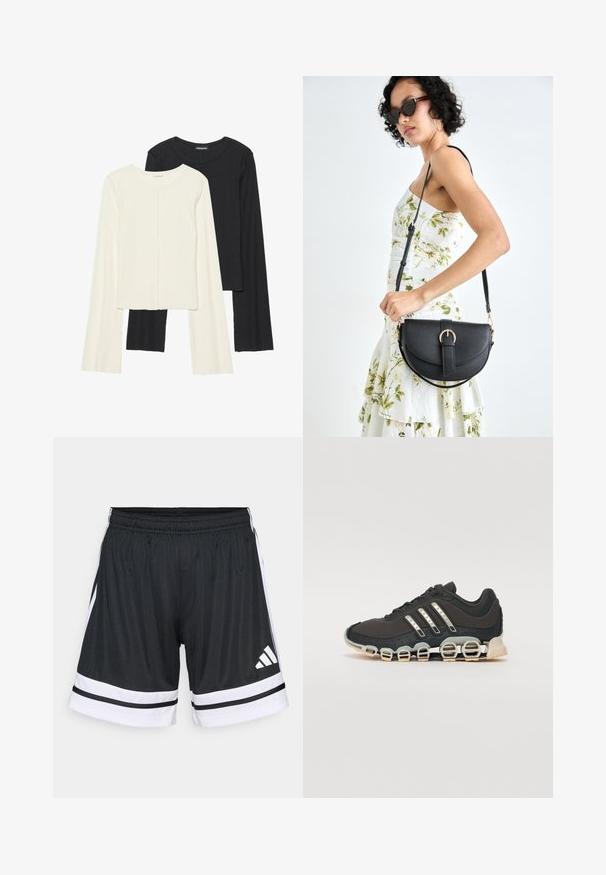 Set of two long-sleeve tops in white and black. Ribbed texture, round neck, fitted design with slightly flared sleeves.; Black sports shorts with white stripes and three horizontal stripes at the hem. Elastic waistband and Adidas logo in white on the left thigh.; Black athletic shoe with a textured upper, three silver stripes, and a distinctive cushioning sole featuring multiple integrated sections.; Black leather handbag with a curved shape, detachable strap, and gold hardware. The bag features a flap with a buckle detail.