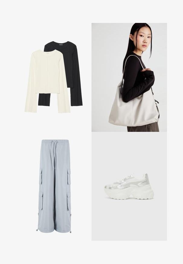 Set de două bluze cu mâneci lungi, una albă și una neagră. Textură ribbată, decolteu rotund, design ajustat cu mâneci ușor evazate.; Pantaloni cargo de culoare gri deschis, cu un elastic în talie, închidere cu șnur, buzunare laterale și tivuri ajustabile. Confectionați dintr-un material moale și ușor.; Sneaker argintie cu un superior din plasă texturată și accente iridescente, având o talpă albă groasă și închidere cu șireturi.; Geantă bej din material moale, cu un design lejer, detalii cusute și două bretele pentru umăr. Potrivită pentru utilizarea zilnică.