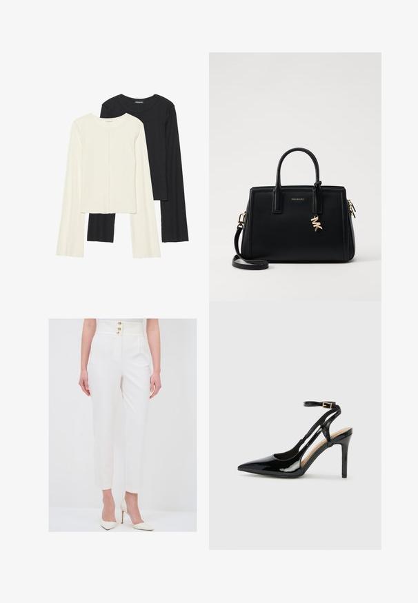 Set van twee longsleeve tops in wit en zwart. Geribbelde textuur, ronde hals, aansluitend ontwerp met licht uitlopende mouwen.; adL Broek - white; Zwarte lakleren hoge hak slingback schoenen met spitse neus, verstelbare enkelband en open zijkanten. Gladde textuur.; Zwarte leren handtas met gestructureerd ontwerp, dubbele handvatten aan de bovenkant, afneembare schouderband, gouden hardware en een logo charm accent.