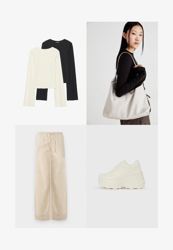 Kaksik Eri pikkusega valge ja musta värvi pikkade varrukatega topsi. Ribikstruktuur, ümar kaelus, lihav disain, veidi laienevate varrukatega.; Beežist linastest laiapõhjalistest pükstest, elastse vöökoha ja nööriga. Kangas on tekstuuriga viimistlusega, pakkudes kerget ja õhulist välimust.; Valged platvormi tõusukingad, millel on siledast nahast meenutav pealis, ümar kuju, pehmendatud kaelus ja tekstureeritud kummitald koos selgete hüdrofoobsete mustritega.; Bež käekott pehme materjali, millel on lõtv disain, õmblustega detailid ja kaks õlarihma. Sobib igapäevaseks kasutamiseks.