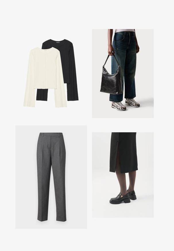 Σέτ δύο μακρυμάνικων μπλουζών σε λευκό και μαύρο. Ριπ υφή, στρογγυλή λαιμόκοψη, εφαρμοστή γραμμή με ελαφρώς φαρδιές μανίκες.; Γκρίζες κομμένες παντελόνες με λεία υφή, ίσια γραμμή και πιέτες μπροστά. Φτιαγμένες από ελαφρύ ύφασμα με διακριτό μοτίβο.; Μαύρα δερμάτινα παπούτσια με στρογγυλή μύτη, χοντρό τετράγωνο τακούνι και ελαστικές πλάγιες λεπτομέρειες, συνδυασμένα με σκούρες καλσόν και μια μαύρη φούστα με σχίσιμο.; Μαύρη δερμάτινη τσάντα ώμου με μαλακή υφή και ρυθμιζόμενο λουρί, συνδυασμένη με ξεθωριασμένα φαρδιά τζιν και αθλητικά sneakers.