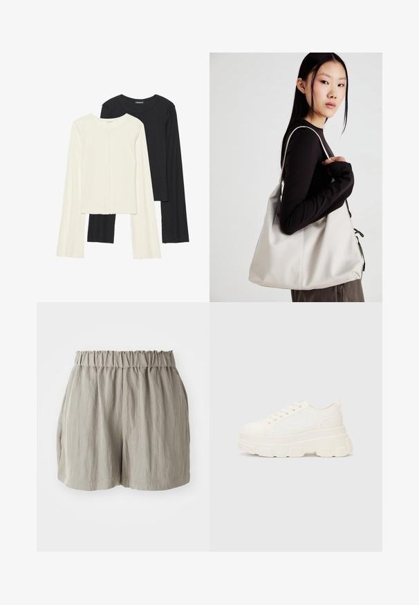 Dviejų ilgomis rankovėmis marškinėlių rinkinys, baltas ir juodas. Raukšlėta tekstūra, apvalus kaklas, prigludusi forma su šiek tiek platėjančiomis rankovėmis.; Šviesiai pilki šortai su elastinga juosta, pasižymintys tekstūruotu audiniu ir laisvu siluetu, kuris siekia vidurinę šlaunų ilgį.; Balti drobės sportbačiai su storu padu, apvalia nosimi ir penkiomis akytėmis raištams. Gale yra kilputė, kad būtų lengva užsidėti. Sklandus paviršius, minimalistinis dizainas.; Bežinė rankinė, pagaminta iš minkštos medžiagos, turinti laisvą dizainą, siuvinėtas detalės ir dvi petnešos. Tinkama kasdieniam naudojimui.