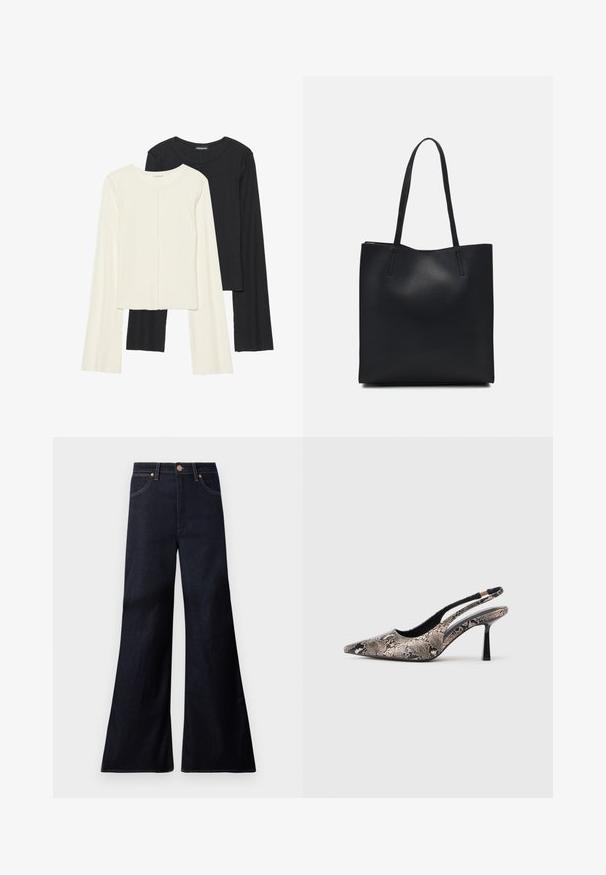 Kaksi pitkähihainen puseroa valkoisena ja mustana. Varren neulos, pyöreä kaulus, tiukka malli, jossa on hieman levenevät hihat.; Tummansininen leveälahkeinen farkut, valmistettu denimistä. Ominaisuuksiin kuuluu edessä napitus, kupariset yksityiskohdat ja kontrastivärinen ompelu saumoissa.; Kengät, joissa on kärki terävä ja slingback-malli, valmistettu tekstuurista matelijannahkaa muistuttavasta materiaalista. Niissä on hoikka musta korko ja leikattu muotoilu sivuilla.; Mustapahkainen kangaskassi, jossa on sileä pinta, suorakaiteen muotoinen ja kaksi pitkää kahvaa. Ei näkyvää metalliosaa tai koristeita.