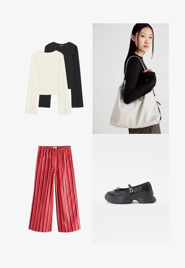 Ensemble de deux hauts à manches longues en blanc et noir. Texture côtelée, col rond, design ajusté avec des manches légèrement évasées.; Next ON STRIPE WIDE LEG - Pantalon classique - red; Chaussure Mary Jane en cuir noir avec un bout rond, un détail en nœud et une sangle de cheville ajustable. Elle possède une semelle en caoutchouc épaisse avec des accents arrondis.; Sac à main beige en matériau souple, avec un design décontracté, des détails cousus et deux poignées. Idéal pour un usage quotidien.