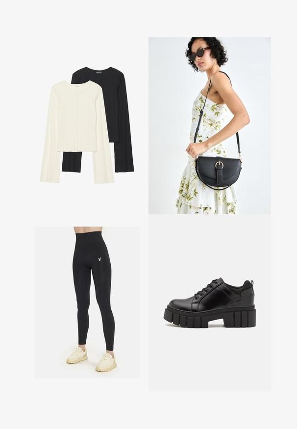 Set med två långärmade toppar i vitt och svart. Ribbade texturer, rund hals, figurnära design med något utställda ärmar.; Höga svarta leggings med texturmönster på låren, med en liten vit logotyp på vänster sida och ett mjukt, elastiskt material.; Svarta läderplattformsskor med en kraftig blockklack, rund tå och traditionell snörningsdesign. Har en slät textur och minimal detaljering.; Svart läderhandväska med en böjd form, avtagbar rem och guldiga detaljer. Väskan har ett lock med en spänndetalj.