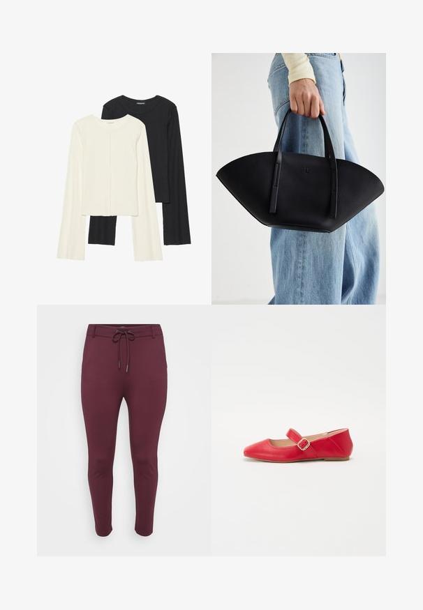 Set od dvije duge majice s dugim rukavima u bijeloj i crnoj boji. Rebrasta tekstura, okrugli izrez, uski kroj s blago raširenim rukavima.; Burgundski, rastezljivi hlače s pojasom na vezanje, s uskim dizajnom i suženim nogavicama, prikazane na bijeloj pozadini.; Crvene kožne balerinke sa šiljastim vrhom, koje imaju trakicu i detalj s malom kopčom. Glatka tekstura i fleksibilna potplat.; Crna kožna torba jedinstvenog oblika ventilatora, s ravnim ručkama. Površina ima teksturu sličnu šljunku i minimalistički dizajn.
