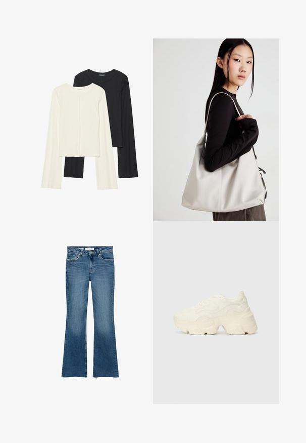 Nabor dveh dolgih rokavov v beli in črni barvi. Žameten vzorec, okrogla ovratnica, prilegajoča zasnova z rahlo razširjenimi rokavi.; Razširjene modre kavbojke iz denima z zmerno višjim pasom, ki imajo sprednje žepke in gladko teksturo, z čistim in klasičnim oblikovanjem.; Debele bele športne copate, izdelane iz teksturirane mrežaste in sintetične materialov, z debelim podplatom in zapletenimi vzorčičnimi detajli ob straneh.; Bežna torbica iz mehkega materiala, z ohlapno zasnovo, šivi in dvema naramnicama. Primerna za vsakodnevno uporabo.