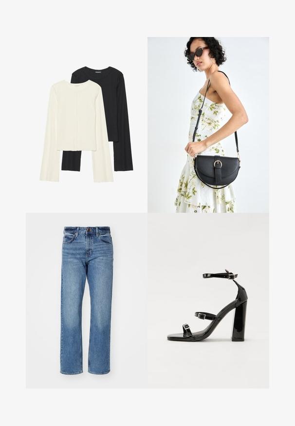 Conjunto de dos camisetas de manga larga en blanco y negro. Textura acanalada, cuello redondo, diseño ajustado con mangas ligeramente acampanadas.; Vaqueros de pierna recta en azul claro, hechos de mezclilla. Cuentan con cinco bolsillos, un cierre clásico con botón y un ligero desgaste en toda la tela.; Sandalias negras de charol con tacón alto, dos correas con hebilla, punta cuadrada y tacón grueso, con una textura lisa y brillante.; Bolso de piel negra con forma curva, correa desmontable y herrajes dorados. El bolso cuenta con una solapa con un detalle de hebilla.