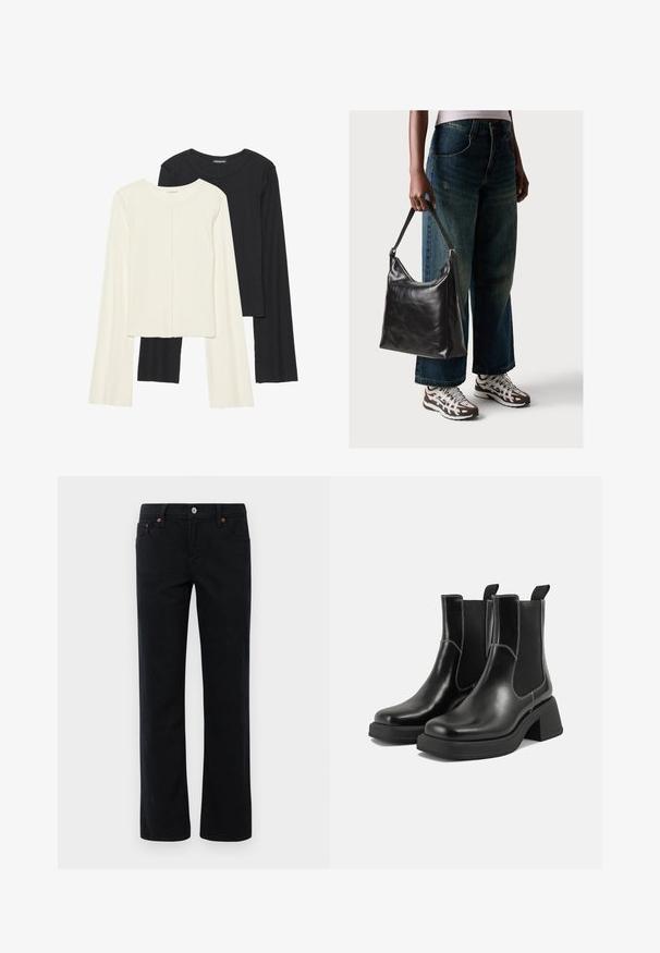 Conjunto de duas blusas de manga longa em branco e preto. Textura canelada, decote redondo, design ajustado com mangas ligeiramente evasê.; Jeans pretos de perna reta com bolsos frontais e traseiros, passantes para cinto, fecho de botão e detalhes em rebites de cobre.; Botas Chelsea em couro preto com um salto grosso, painéis laterais elásticos e costura branca em contraste. Acabamento texturizado.; Bolsa de ombro em couro preto com textura suave e alça ajustável, combinada com jeans de perna larga desbotados e ténis desportivos.