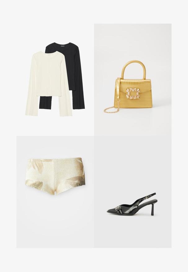 Set van twee longsleeve tops in wit en zwart. Geribbelde textuur, ronde hals, aansluitend ontwerp met licht uitlopende mouwen.; Gehaakte shorts in lichtbeige met een bloemenpatroon. Heeft een gestructureerd oppervlak en een golvende zoom. Zacht en lichtgewicht stof.; Zwarte gepolijste leren slingback schoenen met een puntige neus, enkelbandjes met zilveren gespen en hardware, en een slanke hak.; Geel faux-krokodillenhandtas met een gestructureerd ontwerp, bovenhandvat, afneembare kettingriem en decoratieve kristallen versiering op de sluiting.