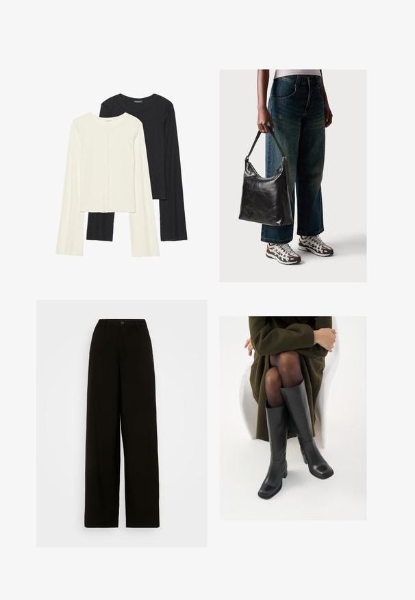 Sett med to langermede topper i hvit og svart. Ribbete tekstur, rund hals, tettsittende design med lett utsvingte ermer.; Sorte vide bukser laget av glatt stoff, med knappelukking i livet og en skreddersydd silhuett uten synlige mønstre.; Knæhøye sorte lærstøvler med firkantet tå og blokkhelt, vist med en modell som sitter iført en olivengrønn kåpe. Glatt tekstur, minimal detaljering.; Sort skinnveske med en glatt tekstur og justerbar stropp, kombinert med falmede vide jeans og atletiske sneakers.