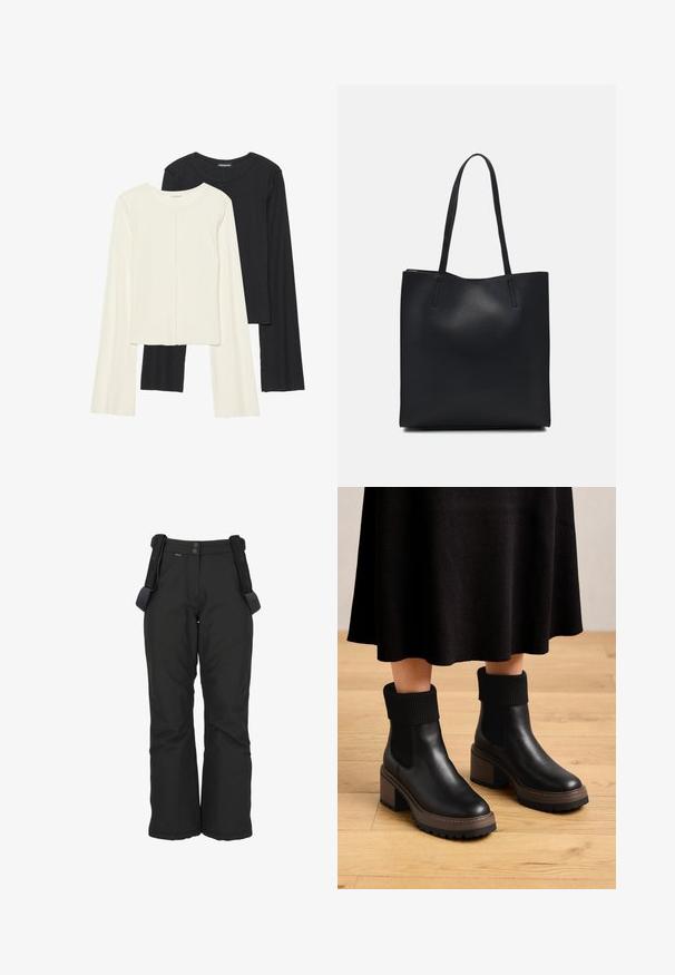 Zestaw dwóch bluzek z długim rękawem w kolorze białym i czarnym. Prążkowana struktura, okrągły dekolt, dopasowany fason z lekko rozszerzanymi rękawami.; Czarne wodoodporne spodnie narciarskie z regulowanymi ramiączkami, charakteryzujące się gładką fakturą, prostym krojem nogawek oraz wzmocnionymi szwami dla większej trwałości.; Czarne skórzane botki na kostkę z żebrowanymi mankietami z tkaniny, masywnym brązowym obcasem i texturedną podeszwą. Gładkie wykończenie z elastycznymi bocznymi panelami.; Czarna skórzana torba tote o gładkiej fakturze, prostokątnym kształcie i dwóch długich uchwytach. Brak widocznych elementów metalowych i ozdób.