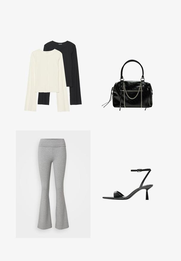 Set aus zwei Langarmoberteilen in Weiß und Schwarz. Rippstruktur, Rundhalsausschnitt, figurbetontes Design mit leicht ausgestellten Ärmeln.; Graue, ausgestellte Leggings aus weichem Baumwollmischgewebe. Mit einem breiten Bund und glatter Textur, die eine lässige Passform bieten.; Bershka High Heel Sandalette - black; Bershka WITH CHAIN - Handtasche - black