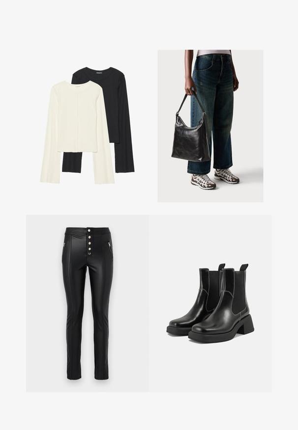 Nabor dveh dolgih rokavov v beli in črni barvi. Žameten vzorec, okrogla ovratnica, prilegajoča zasnova z rahlo razširjenimi rokavi.; Črne hlače iz umetnega usnja z visoko pasom, petimi kovinskimi gumbi, žepi z zadrgo na straneh in prilegajočim se krojem. Imajo opazne šive.; Črne usnjene Chelsea škornje s širokim petami, elastičnimi stranskimi ploščami in kontrastnim belim šivanjem. Teksturirana površina.; Črna usnjena torba za ramo z gladko teksturo in nastavljivim trakom, v kombinaciji z zbledelimi širokimi hlačami in športnimi supergami.