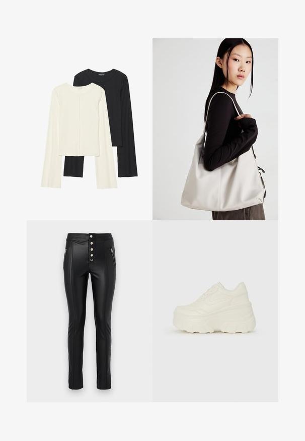 Set of two long-sleeve tops in white and black. Ribbed texture, round neck, fitted design with slightly flared sleeves.; Black faux leather pants with a high waist, five metallic buttons, zippered side pockets, and fitted design. Features visible stitching details.; White platform sneakers featuring a smooth leather-like upper, rounded shape, padded collar, and textured rubber sole with defined treads.; Beige handbag made of soft material, featuring a slouchy design, stitched detailing, and two shoulder straps. Suitable for everyday use.