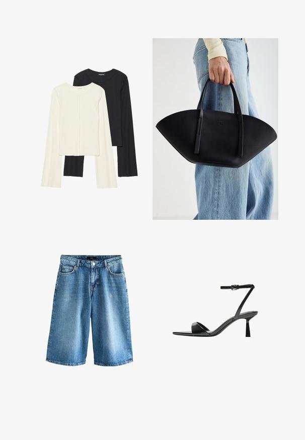 Set di due maglie a maniche lunghe, bianche e nere. Texture a coste, scollo tondo, design aderente con maniche leggermente svasate.; Next Shorts di jeans - dark blue; Bershka Sandali con tacco - black; Borsa a tracolla in pelle nera con una forma a ventaglio unica, dotata di manici piatti. La superficie presenta una texture a ciottoli e un design minimalista.