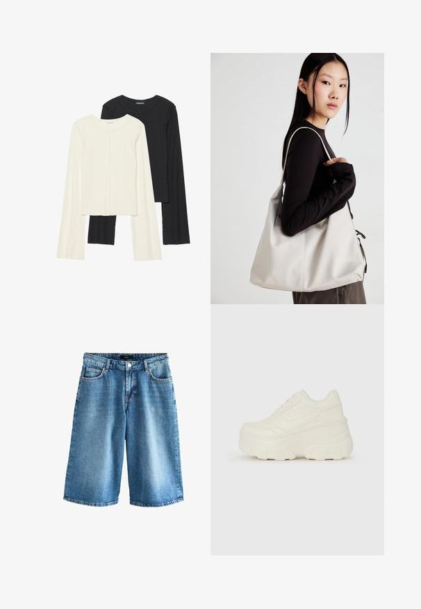 Ensemble de deux hauts à manches longues en blanc et noir. Texture côtelée, col rond, design ajusté avec des manches légèrement évasées.; Next Short en jean - dark blue; Baskets plateformes blanches avec une tige en simili cuir lisse, une forme arrondie, un col rembourré et une semelle en caoutchouc texturé avec des crampons définis.; Sac à main beige en matériau souple, avec un design décontracté, des détails cousus et deux poignées. Idéal pour un usage quotidien.