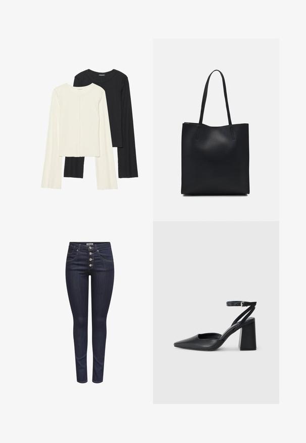 Set of two long-sleeve tops in white and black. Ribbed texture, round neck, fitted design with slightly flared sleeves.; Dark blue skinny jeans made of denim. Features five button front closure, front pockets, and a form-fitting design with slight stretch.; Black leather pointy-toe pump with an ankle strap and a chunky heel. Flat texture, sleek design, and minimalistic aesthetics.; Black leather tote bag with smooth texture, rectangular shape, and two long handles. No visible hardware or embellishments.