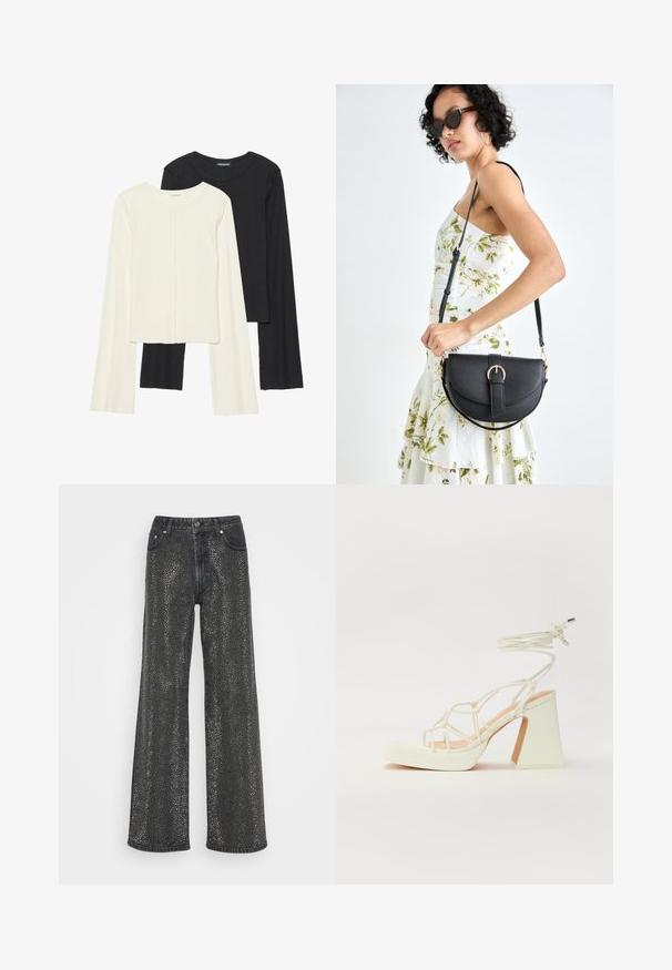 Conjunto de dos camisetas de manga larga en blanco y negro. Textura acanalada, cuello redondo, diseño ajustado con mangas ligeramente acampanadas.; Jeans de mezclilla negra de pierna ancha con un patrón de manchas metálicas, diseño de cinco bolsillos y cierre de botón con detalles de costura visibles.; Sandalia de tacón alto blanca con un tacón grueso, que presenta un diseño de tiras y un lazo en el tobillo. Textura suave con una plataforma en la parte delantera para mayor altura.; Bolso de piel negra con forma curva, correa desmontable y herrajes dorados. El bolso cuenta con una solapa con un detalle de hebilla.