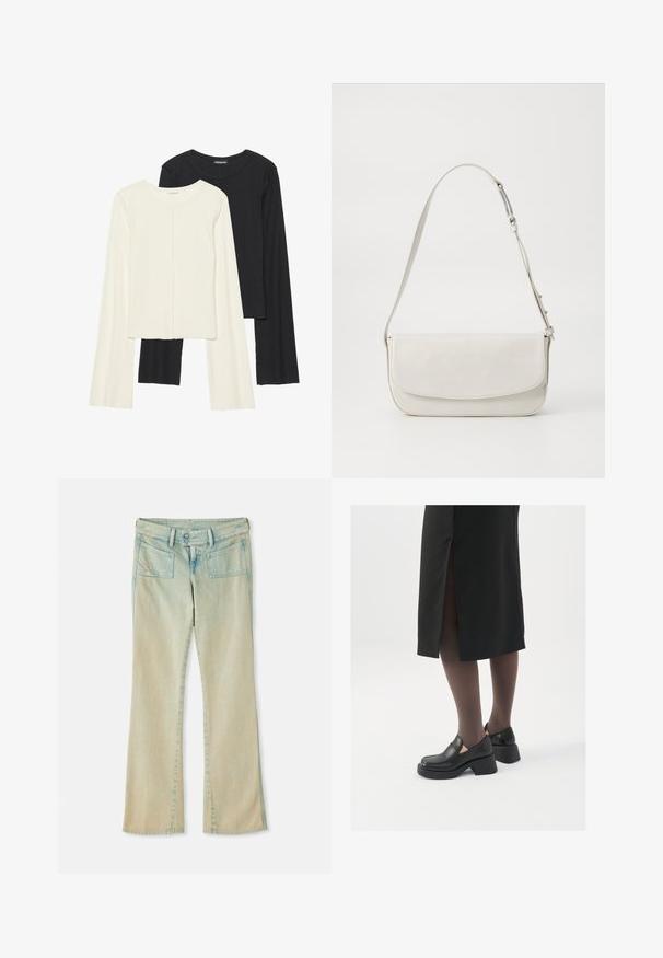 Ensemble de deux hauts à manches longues en blanc et noir. Texture côtelée, col rond, design ajusté avec des manches légèrement évasées.; Jean flare en denim bleu clair avec une finition délavée, présentant des passants de ceinture, deux poches avant et deux poches arrière avec des accents de couture.; Chaussures noires en cuir avec un bout arrondi, un épais talon bloc et des accents latéraux élastiques, associées à des bas foncés et une jupe noire avec une fente.; Sac à épaule en cuir blanc avec une finition lisse, de forme rectangulaire, fermeture à rabat et une bandoulière réglable. Détails de couture simples.