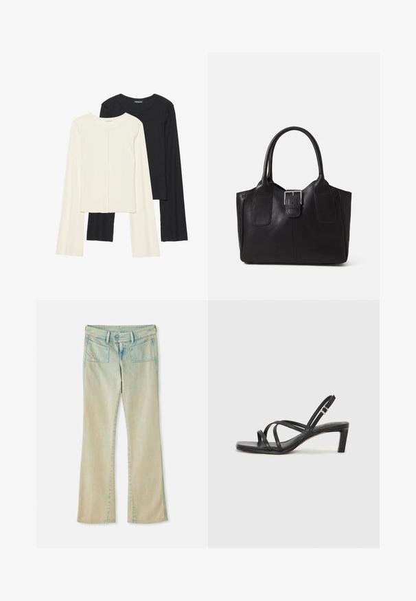 Set of two long-sleeve tops in white and black. Ribbed texture, round neck, fitted design with slightly flared sleeves.; Light blue denim flared jeans with a faded finish, featuring belt loops, two front pockets, and two back pockets with stitching accents.; Black strappy sandal with a square toe and a low block heel. Features multiple thin straps and an adjustable ankle strap. Made of smooth leather.; Black leather tote bag with smooth texture, structured shape, two handles, and a prominent silver buckle detail on the front.