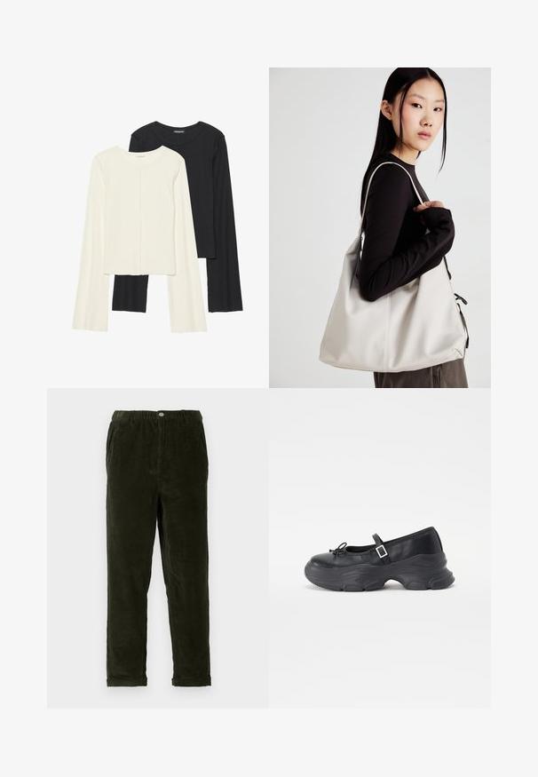 Set of two long-sleeve tops in white and black. Ribbed texture, round neck, fitted design with slightly flared sleeves.; Dark green corduroy pants with a textured finish, featuring an elastic waistband, front pockets, and tapered legs.; Black leather Mary Jane shoe with a rounded toe, bow detail, and an adjustable ankle strap. Features a chunky rubber sole with curved accents.; Beige handbag made of soft material, featuring a slouchy design, stitched detailing, and two shoulder straps. Suitable for everyday use.