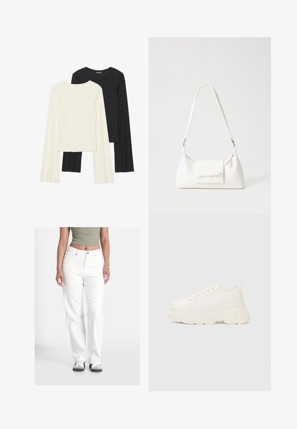 Set van twee longsleeve tops in wit en zwart. Geribbelde textuur, ronde hals, aansluitend ontwerp met licht uitlopende mouwen.; Witte denim jeans in een relaxte pasvorm, met een knoopsluiting, vijf zakken en een licht gestructureerd oppervlak. Gecombineerd met casual schoeisel.; Witte canvas sneaker met een stevige zool, ronde neus en vijf gaatjes voor veters. Achterste tab voor gemakkelijk aan- en uittrekken. Vloeibare textuur, minimalistisch ontwerp.; Witte synthetische handtas met een driehoekige vorm, platte voorklep en strikdetail, verstelbare schouderriem, gladde textuur en minimalistisch ontwerp.
