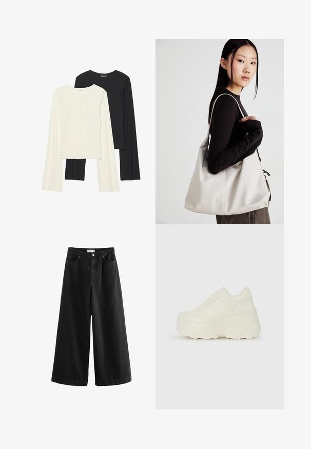 Kaksik Eri pikkusega valge ja musta värvi pikkade varrukatega topsi. Ribikstruktuur, ümar kaelus, lihav disain, veidi laienevate varrukatega.; Mustad laiad mustad teksad, millel on kõrge vöökoht, viis taskut ja puhas viimistlus. Kanga pind on sile, minimaalse aktsendiga.; Valged platvormi tõusukingad, millel on siledast nahast meenutav pealis, ümar kuju, pehmendatud kaelus ja tekstureeritud kummitald koos selgete hüdrofoobsete mustritega.; Bež käekott pehme materjali, millel on lõtv disain, õmblustega detailid ja kaks õlarihma. Sobib igapäevaseks kasutamiseks.