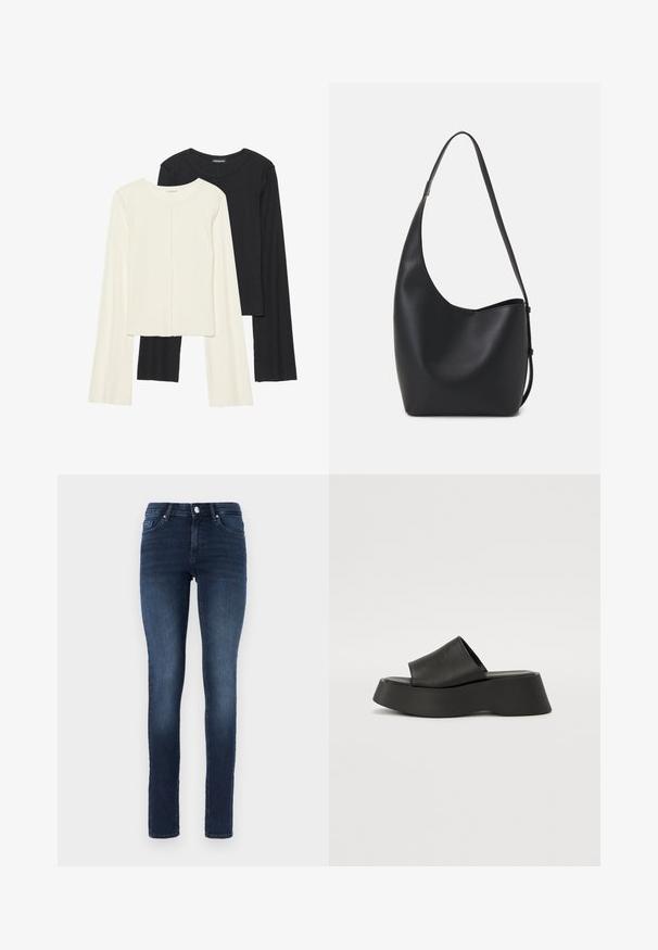 Σέτ δύο μακρυμάνικων μπλουζών σε λευκό και μαύρο. Ριπ υφή, στρογγυλή λαιμόκοψη, εφαρμοστή γραμμή με ελαφρώς φαρδιές μανίκες.; Σκούρο μπλε στενά τζιν παντελόνια από τζιν, με κλασικό σχέδιο πέντε τσεπών, κουμπωτό φερμουάρ και διακριτική φθορά στους μηρούς.; Μαύρες πλατφόρμες σανδάλια με φαρδύ λουρί και χοντρή σόλα. Κατασκευασμένα από λείο υλικό με ματ φινίρισμα και χωρίς ορατό υλικό.; Μαύρη δερμάτινη tote τσάντα με λείο υφή, καμπύλο σχήμα και μία ρυθμιζόμενη ζώνη. Διαθέτει μεγάλη άνοιγμα στην κορυφή.