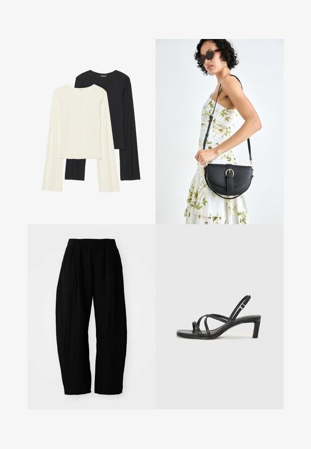 Set od dvije duge majice s dugim rukavima u bijeloj i crnoj boji. Rebrasta tekstura, okrugli izrez, uski kroj s blago raširenim rukavima.; GAP WIDE LEG EASY PANT GAUZE - Hlače - basic black; Crne sandale s trakama, kvadratnim prstom i niskom blok petom. Ima više tankih trakica i podesivu trakicu oko gležnja. Izrađene su od glatke kože.; Crna kožna torba s lukovitim oblikom, odvojivim remenom i zlatnim detaljima. Torba ima preklop s kopčom.