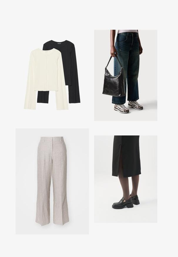 Conjunto de duas blusas de manga longa em branco e preto. Textura canelada, decote redondo, design ajustado com mangas ligeiramente evasê.; Calças de linho em bege claro, com cintura alta, pernas largas e pregas frontais. Textura suave e design minimalista, adequado para vestuário casual.; Sapatos de couro pretos com bico arredondado, salto bloco grosso e detalhes elásticos laterais, combinados com meias escuras e uma saia preta com uma abertura.; Bolsa de ombro em couro preto com textura suave e alça ajustável, combinada com jeans de perna larga desbotados e ténis desportivos.