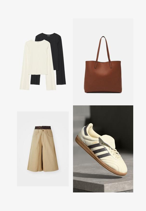 Set of two long-sleeve tops in white and black. Ribbed texture, round neck, fitted design with slightly flared sleeves.; Khaki shorts with a wide leg design and a leopard print waistband. Features front pockets and a button closure. Smooth, textured fabric.; Cream leather sneaker with three dark stripes, a brown gum outsole, and a rounded toe. Features a foldable tongue labeled "SAMBA."; Brown leather tote bag with a smooth texture, open top design, and two shoulder straps. Features minimal stitching and no visible hardware.