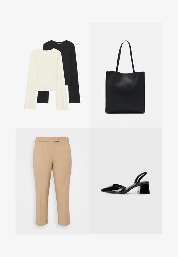 Set aus zwei Langarmoberteilen in Weiß und Schwarz. Rippstruktur, Rundhalsausschnitt, figurbetontes Design mit leicht ausgestellten Ärmeln.; Beige maßgeschneiderte Hose mit geradem Schnitt, mittelhohem Bund und seitlichen Taschen. Glatte Textur mit markanten Falten und umgeschlagenem Knöchelsaum.; Schwarze Lackleder-Slingback-High Heels mit spitzem Schuh und einem geometrischen Blockabsatz. Verfügt über ein schlankes, minimalistisches Design und eine glatte Textur.; Schwarze Laptoptasche aus Leder mit glatter Textur, rechteckiger Form und zwei langen Griffen. Keine sichtbaren Beschläge oder Verzierungen.