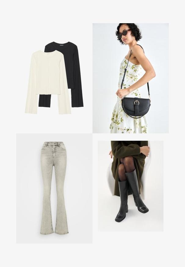 Set de două bluze cu mâneci lungi, una albă și una neagră. Textură ribbată, decolteu rotund, design ajustat cu mâneci ușor evazate.; Jeans evazate de culoare gri deschis, cu talie înaltă, fabricate din denim, având un fermoar și cusături subtile de-a lungul cusăturilor.; Cizme din piele neagră, până la genunchi, cu vârf pătrat și toc bloc, prezentate pe un model așezat într-o haină verde măsline. Textură netedă, detalii minime.; Geantă din piele neagră, cu o formă curbată, curea detașabilă și accesorii aurii. Geanta are un capac cu un detaliu tip cataramă.; Cercei din argint cu un design elegant și rotund, având o suprafață netedă și fără embellismente vizibile. Diametrul nu este specificat.