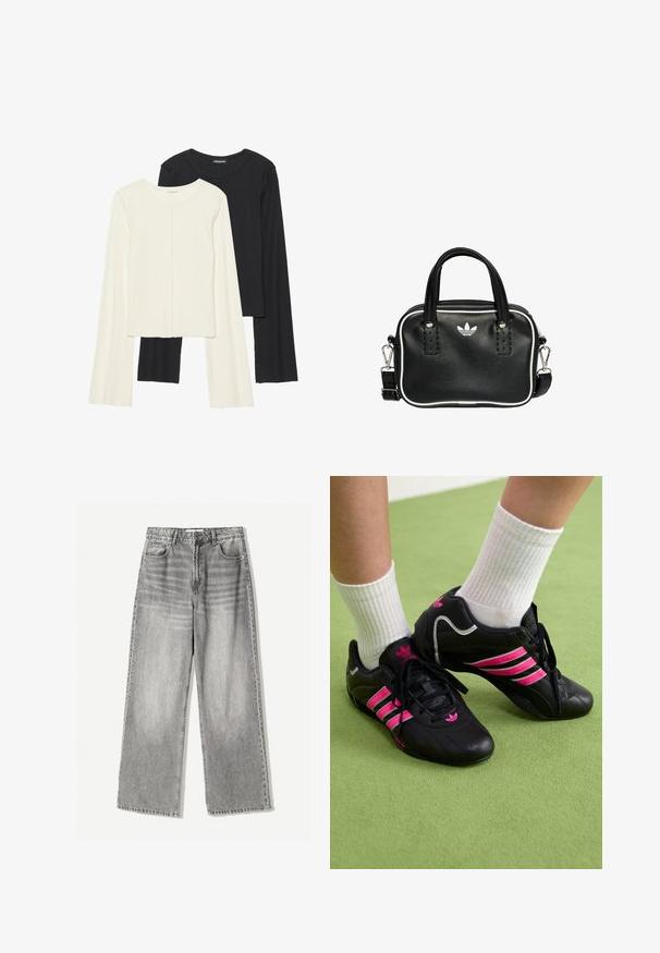 Set od dvije duge majice s dugim rukavima u bijeloj i crnoj boji. Rebrasta tekstura, okrugli izrez, uski kroj s blago raširenim rukavima.; Široke traperice u izblijedjelom crnom denimu s visokim strukom, s pet džepova i kontrastnim šavovima za dodatnu teksturu.; Crne atletske tenisice s tri ružičaste pruge, gornji dio od teksturirane kože, crne vezice i detalj s logom, uparen s bijelim rebrastim čarapama na zelenoj podlozi.; Crna kožna torba s dva kratka ručka, srebrnim detaljima, bijelim naglascima i bijelim logotipom. Ima teksturiranu površinu i kompaktni dizajn.