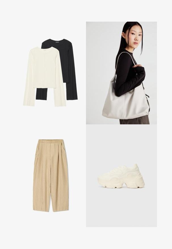 Kaksi pitkähihainen puseroa valkoisena ja mustana. Varren neulos, pyöreä kaulus, tiukka malli, jossa on hieman levenevät hihat.; Beige striped trousers with an elastic waistband, featuring two side pockets, a loose fit, and vertical black pinstripes for detail.; Paksut valkoiset lenkkarit, jotka on valmistettu teksturoidusta verkosta ja synteettisistä materiaaleista. Kenkäparissa on paksu pohja ja monimutkaisat kuviohuokoset sivuilla.; Beige laukku, joka on valmistettu pehmeästä materiaalista, ja siinä on rento muotoilu, ommeltu yksityiskohtia ja kaksi olkahihnaa. Sopii päivittäiseen käyttöön.