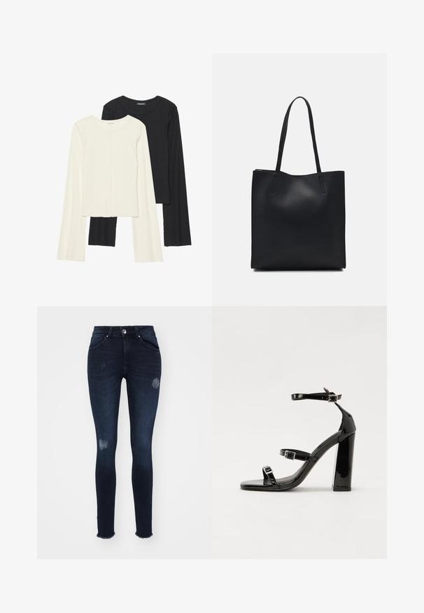 Conjunto de duas blusas de manga longa em branco e preto. Textura canelada, decote redondo, design ajustado com mangas ligeiramente evasê.; Calças skinny azul-escuras em denim, com detalhes rasgados nos joelhos, bainha desfiada, cinco bolsos e fecho por botão.; Sandálias pretas de verniz com salto alto, duas fivelas, biqueira quadrada e salto largo, apresentando uma textura lisa e brilhante.; Bolsa tote preta em couro com textura lisa, forma retangular e duas alças longas. Sem hardware ou enfeites visíveis.