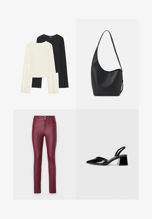 Set od dvije duge majice s dugim rukavima u bijeloj i crnoj boji. Rebrasta tekstura, okrugli izrez, uski kroj s blago raširenim rukavima.; Burgundijske skinny hlače od umjetne kože s visokim strukom, koje sadrže dvije prednje gumbe, dijagonalne prednje džepove i glatku, sjajnu teksturu.; Crne lakirane kožne sandale s otvorenom petom i špicastim vrhom, s geometrijskom blok petom. Imaju elegantan, minimalistički dizajn i glatku teksturu.; Crna kožna hobo torba s glatkom teksturom, zakrivljenim oblikom i jednom podesivom trakicom; ima širok otvor na vrhu.