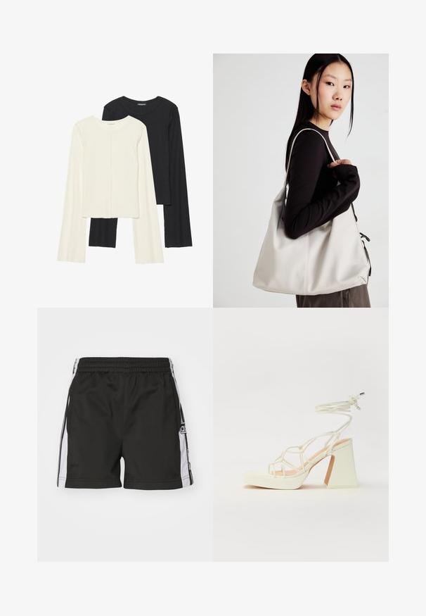 Sett med to langermede topper i hvit og svart. Ribbete tekstur, rund hals, tettsittende design med lett utsvingte ermer.; Svart trening shorts med elastisk livlinje, hvite side-striper og logo detalj på venstre ben. Glatt stoff, knelangs design.; Hvit høyhælte sandal med kraftig hæl, med en stroppe-design og ankelbånd. Glatt tekstur med plattform foran for ekstra høyde.; Beige håndveske laget av mykt materiale, med en slapp design, sydd detaljer og to skulderstropper. Passer for daglig bruk.