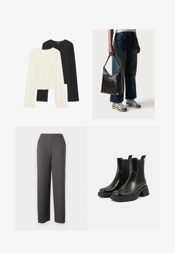 Set of two long-sleeve tops in white and black. Ribbed texture, round neck, fitted design with slightly flared sleeves.; Gray trousers made of textured fabric with a straight-leg design, featuring a smooth waistband and no visible pockets.; Black leather Chelsea boots with a chunky heel, elastic side panels, and contrasting white stitching. Textured finish.; Black leather shoulder bag with a smooth texture and adjustable strap, paired with faded wide-leg jeans and athletic sneakers.