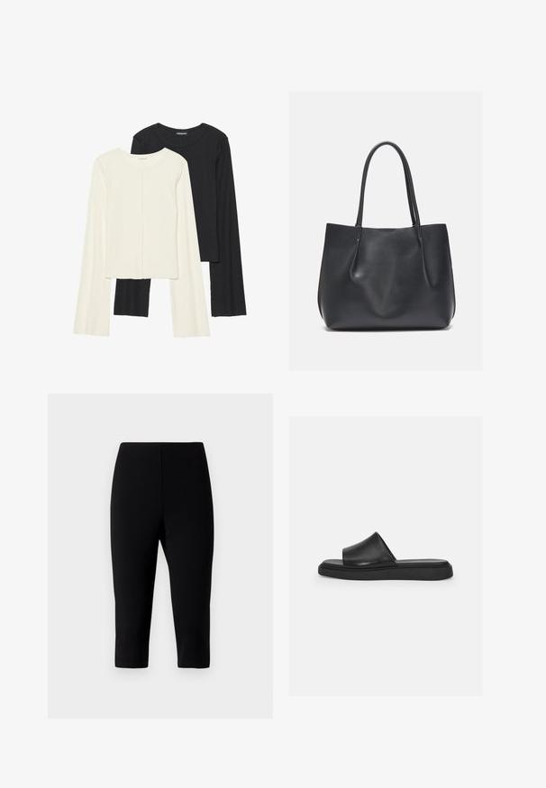 Set van twee longsleeve tops in wit en zwart. Geribbelde textuur, ronde hals, aansluitend ontwerp met licht uitlopende mouwen.; Zwarte capri broek gemaakt van rekbaar materiaal, met een getailleerd ontwerp dat net onder de knie eindigt, met een gladde textuur en geen zichtbare naden.; Zwarte slide-sandaal met een gladleren bovenwerk, een brede band en een platte rubberen zool, met een minimalistisch ontwerp en zonder zichtbare hardware.; Zwarte leren schoudertas met twee lange handvatten, een gladde textuur en een zachte silhouet. Geen zichtbare hardware of patronen.
